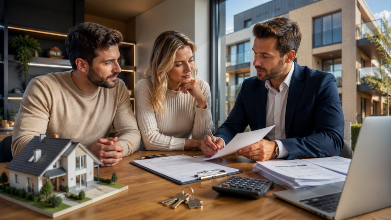 Landlord and business representative reviewing property finance documents for a UK corporate let agreement.