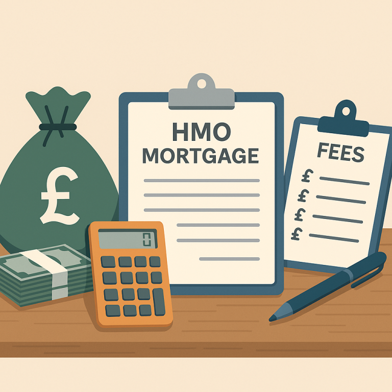 Professional desk setup showing calculator, money bag, paperwork and clipboard labelled HMO Mortgage and Fees, representing financial costs for HMO mortgage applications.