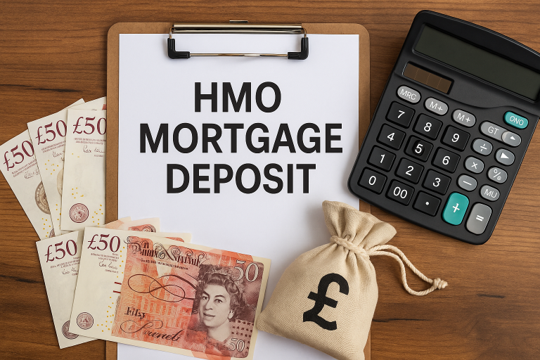 Clipboard reading HMO Mortgage Deposit with £50 notes, calculator, and money bag featuring a pound symbol on wooden desk, representing deposit requirements for HMO mortgages.