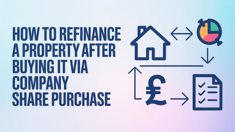 Landscape graphic titled ‘How to Refinance a Property After Buying It via Company Share Purchase’ with icons showing a house, pound symbol, and financial document