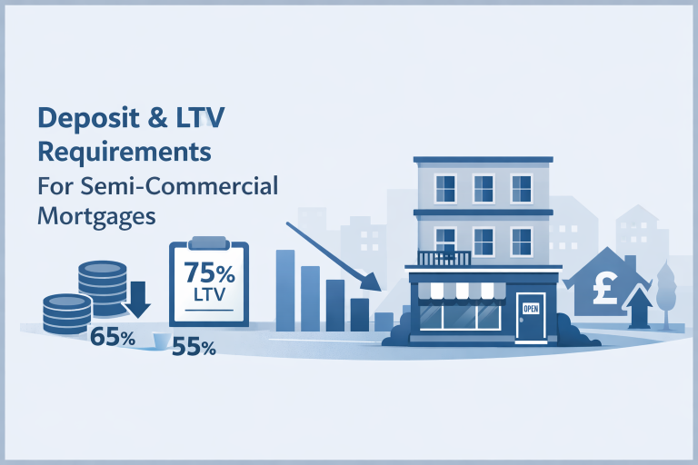 Illustration of a semi-commercial property with graphics showing 75%, 65% and 55% loan-to-value levels, representing deposit requirements for semi-commercial mortgages.