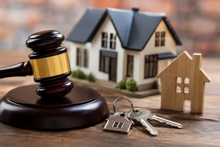 Property auction concept with gavel, house model and keys on wooden table