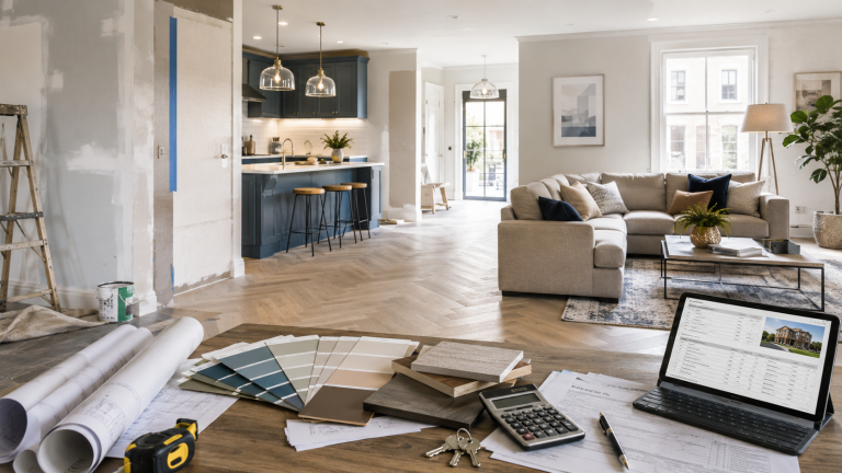 Refurbishment finance planning with renovation materials, calculator, property plans and modern rental interior