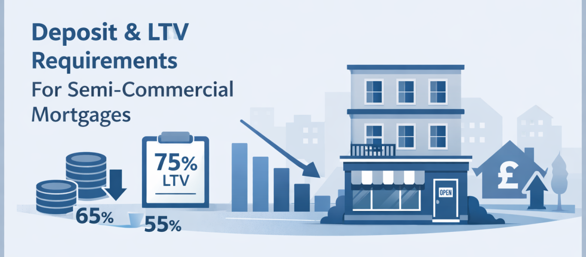 Illustration of a semi-commercial property with graphics showing 75%, 65% and 55% loan-to-value levels, representing deposit requirements for semi-commercial mortgages.