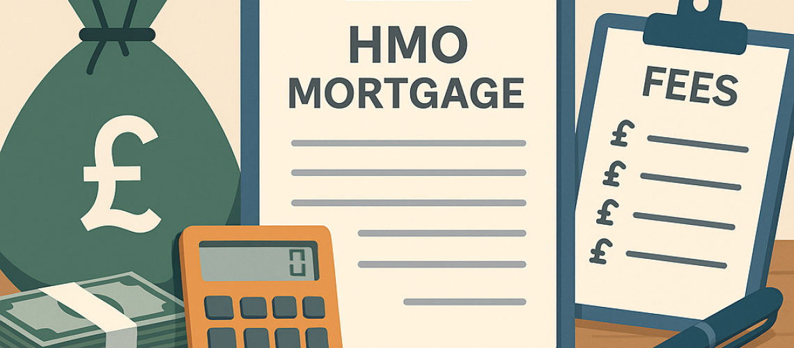 Professional desk setup showing calculator, money bag, paperwork and clipboard labelled HMO Mortgage and Fees, representing financial costs for HMO mortgage applications.