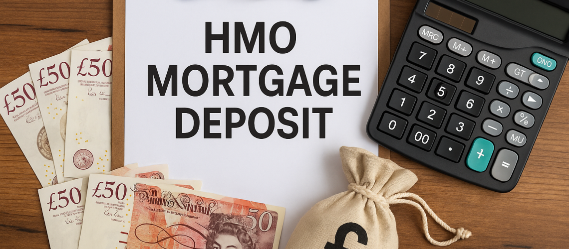 Clipboard reading HMO Mortgage Deposit with £50 notes, calculator, and money bag featuring a pound symbol on wooden desk, representing deposit requirements for HMO mortgages.