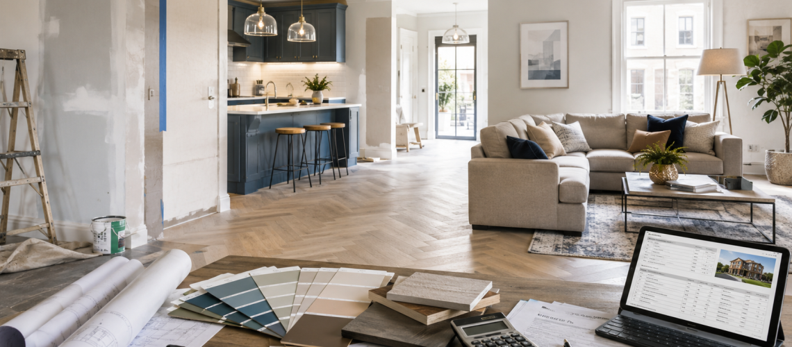 Refurbishment finance planning with renovation materials, calculator, property plans and modern rental interior